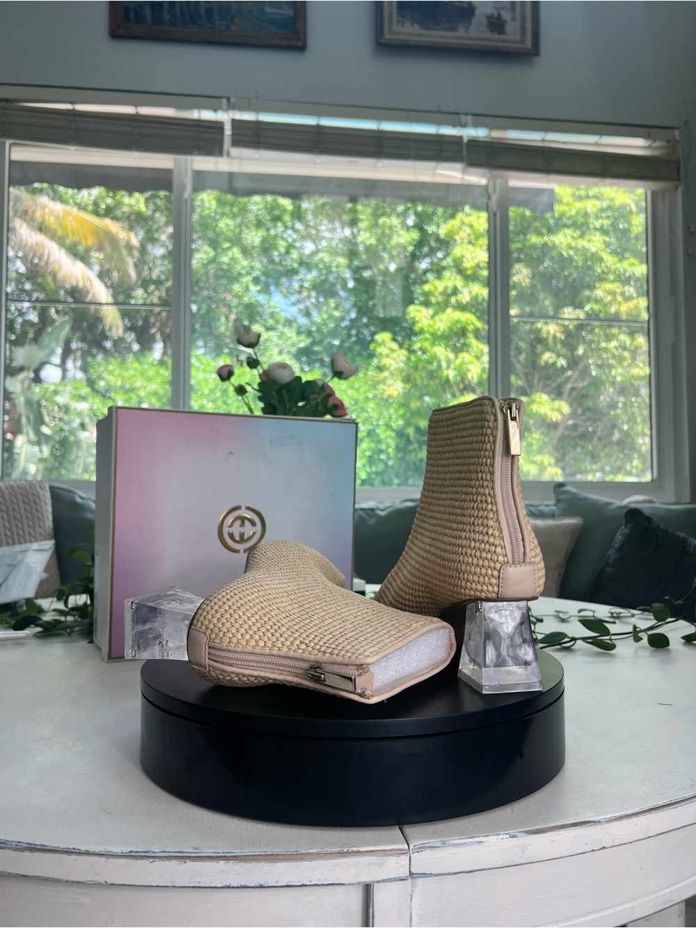 Cecelia New York Woven Beige Ankle Boots with Lucite Clear Block Heel - Picture 11 of 16